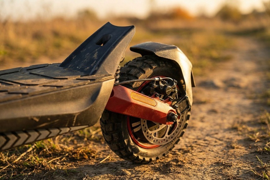 Elektrická koloběžka Sencor SCOOTER X70 černá Detail zadního kola elektrické koloběžky Sencor SCOOTER X70 s kotoučovou brzdou a terénní pneumatikou.