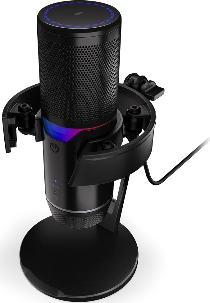 Mikrofon ENDORFY Solum 2 Pro černý Horní pohled na mikrofon ENDORFY Solum 2 Pro s dotykovým panelem, RGB podsvícením a antivibračním držákem.