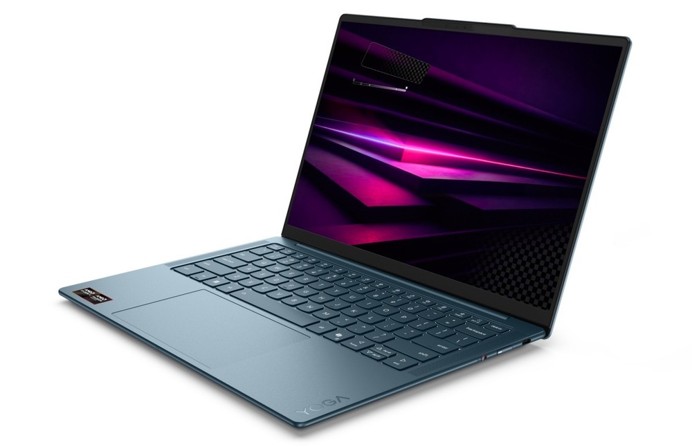 Notebook Lenovo Yoga Slim 7 14AGP11 modrý Otevřený a zapnutý notebook Lenovo Yoga Slim 7 14AGP11 otočený doleva