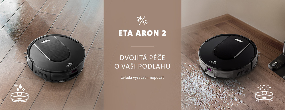 Černý robotický vysavač s mopem ETA Aron 2 na banneru s textem „Dvojitá péče o vaši podlahu – zvládá vysávat i mopovat“. Na obrázku je zobrazen při čištění dřevěné podlahy