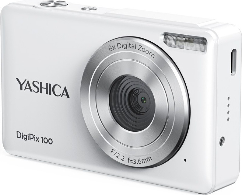 Digitální fotoaparát Yashica DigiPix 100 bílý Pohled na přední stranu kompaktního fotoaparátu DigiPix 100 s 33mm objektivem