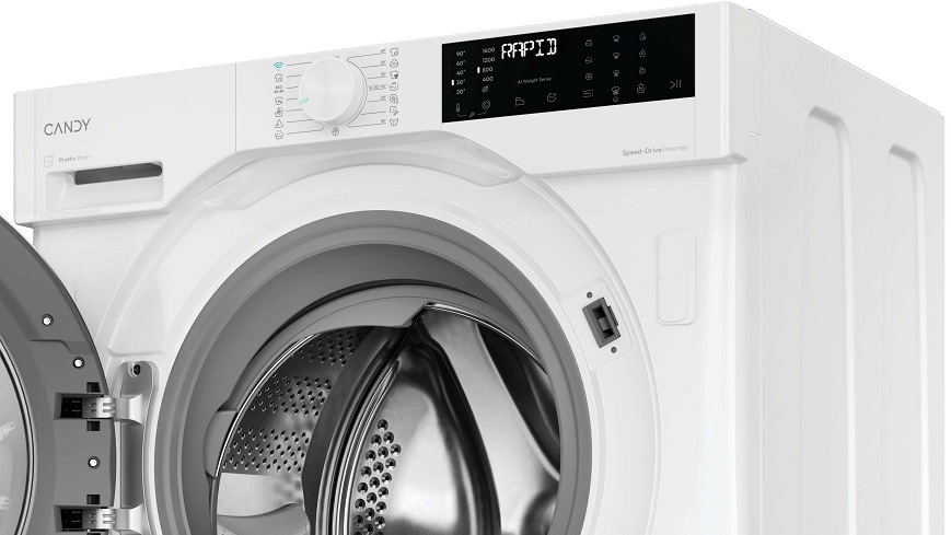 Vestavná pračka Candy BC4S68M6D8J-S bílá vrchní část pračky Candy BC4S68M6D8J-S se zapnutým displejem