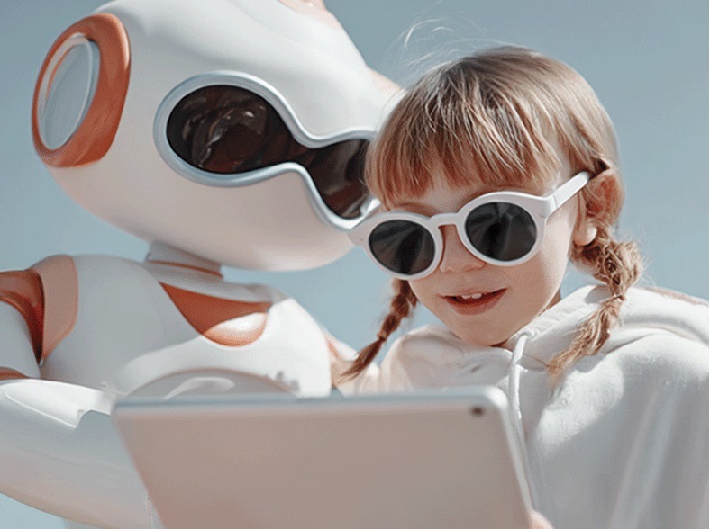 Chytré hodinky Garett Kids Vibe AI 4G modré Dívka držící tablet v ruce s brýlemi na hlavě a robotem za zády