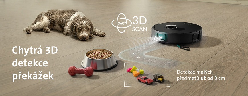 Robotický vysavač ETA Nuovo 30 využívající 3D Scan k detekci a obcházení překážek už od 3 cm, jako jsou hračky, miska a pes
