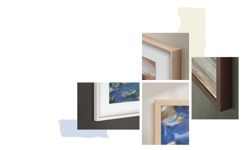 Televize Samsung The Frame QE65LS03F Koláž 4 detailů vyměnitelných rámů televize Samsung QE65LS03F v různých barvách