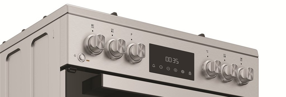 Kombinovaný sporák Whirlpool W6G8LCSWX nerez Detail ovládacího panelu a knoflíků sporáku K60 Whirlpool W6G8LCSWX