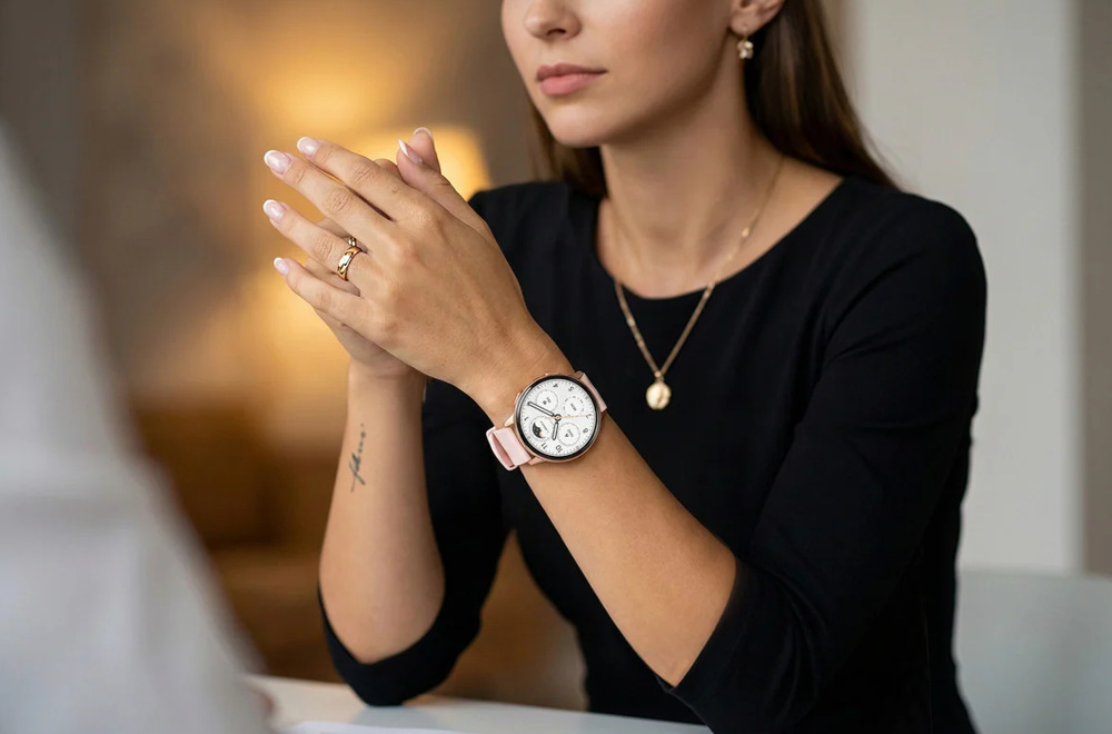 Elegantní žena s hodinkami LAMAX Aura na zápěstí