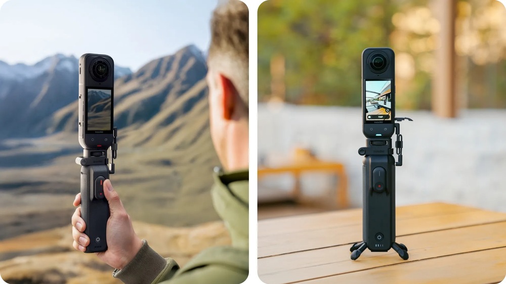 Držák Insta360 FOMO Power Handle černý Kamera Insta360 připojená k rukojeti FOMO Power Handle v ruce a na stolním stativu