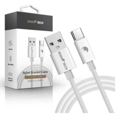 RhinoTech kabel s nylonovým opletem USB-A na USB-C 27W 1M bílá