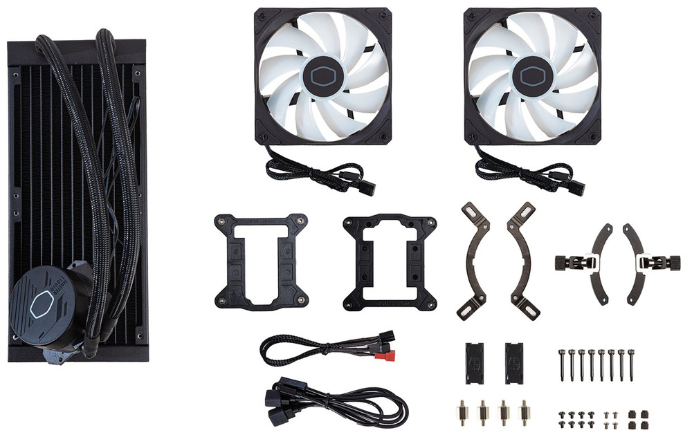 Vodní chladič Cooler Master MasterLiquid ML240L Core ARGB Fotografie kompletního balení, připraveného k instalaci do PC skříně.