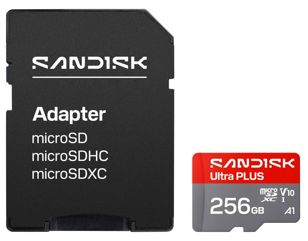 Paměťová karta SANDISK Micro SDXC Ultra Plus 256GB UHS-I U1 (200R) + SD adaptér Paměťová karta SanDisk Ultra Plus s přiloženým SD adaptérem pro širší kompatibilitu zařízení