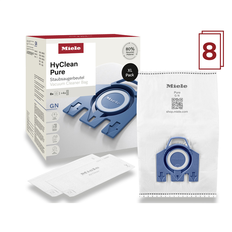 Sáčky do vysavače Miele HyClean Pure GN s 8 prachovými sáčky.