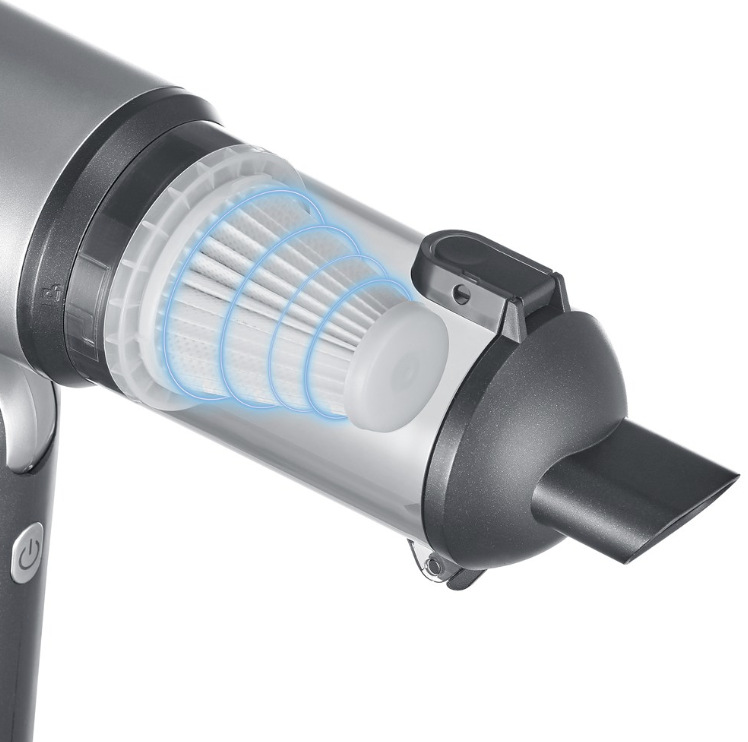 Detail filtru uloženého v průhledné nádobě akumulátorového vysavače Severin HV 7135