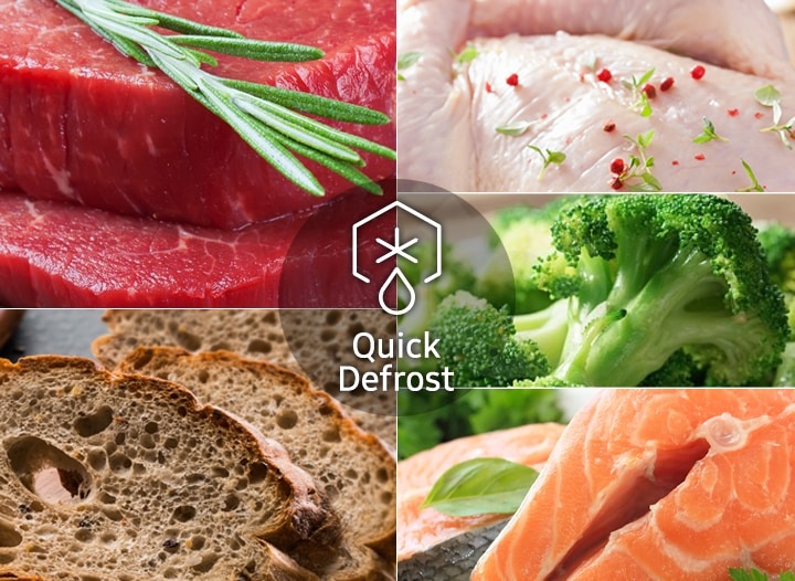 Funkce Quick Defrost  koláž obrázků různých jídel