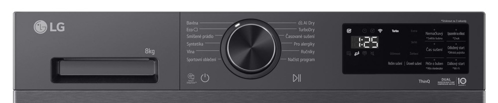 ovládací panel sušičky LG RHX5008TBB v černé barvě. Je nastavný čas 1:25