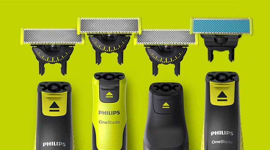 Náhradní hlavice Philips OneBlade QP945/50 stříbrná Náhradní hlavice Philips OneBlade QP945/50 zobrazené s různými modely strojků OneBlade, ukázka kompatibility s více zařízeními Philips.