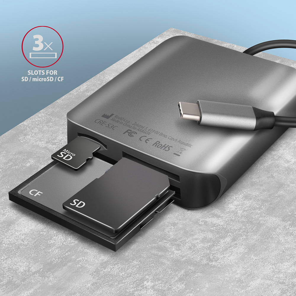 Čtečka paměťových karet Axagon Card Reader USB-C 3.2 Gen 1, 3-slot & lun SD/microSD/CF, UHS-II stříbrná AXAGON CRE-S3C nabízí hned tři sloty