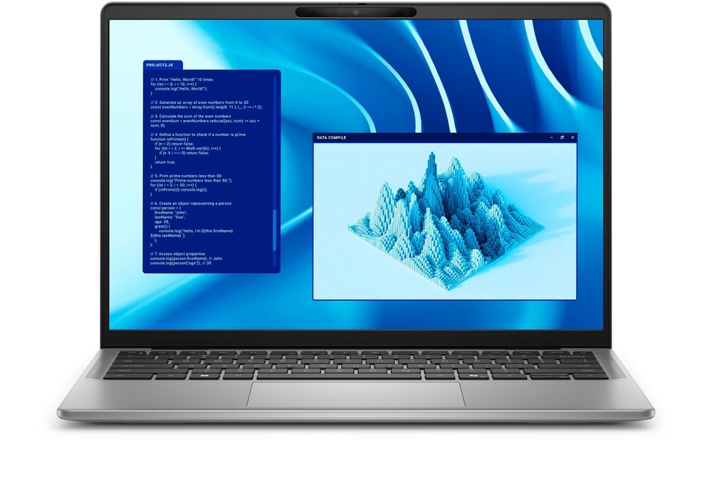 Notebook Dell Latitude 7455 šedý Otevřený a zapnutý notebook Dell Latitude 7455 zepředu