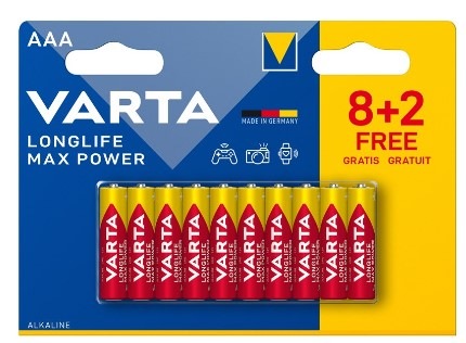 Baterie alkalická Varta Longlife Max Power AAA, LR03, blistr 8+2ks
