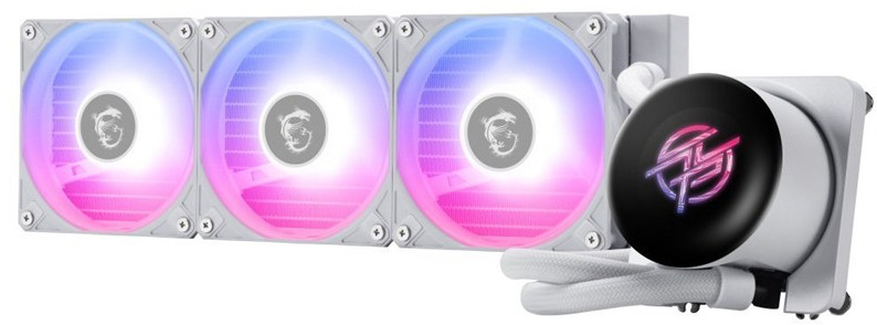 Vodní chladič MSI MPG CoreLiquid P13 360 White bílý Na obrázku je bílý vodní chladič MSI s dlouhým radiátorem a třemi podsvícenými ventilátory nad sebou. Ventilátory svítí jemným přechodem růžové, fialové a modré barvy. Dole je kulatý blok pumpy s RGB logem MSI a bílé opletené hadice. Celek působí čistě, moderně a elegantně.
