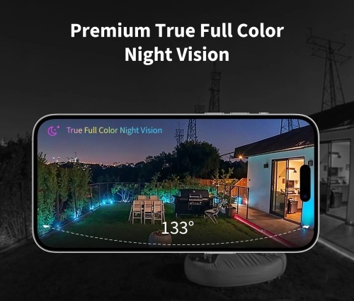 IP kamera Aqara Hub G5 Pro Wi-Fi šedá Noční barevný záběr zahrady z kamery Aqara G5 Pro zobrazený na iPhone, zorný úhel 133°.