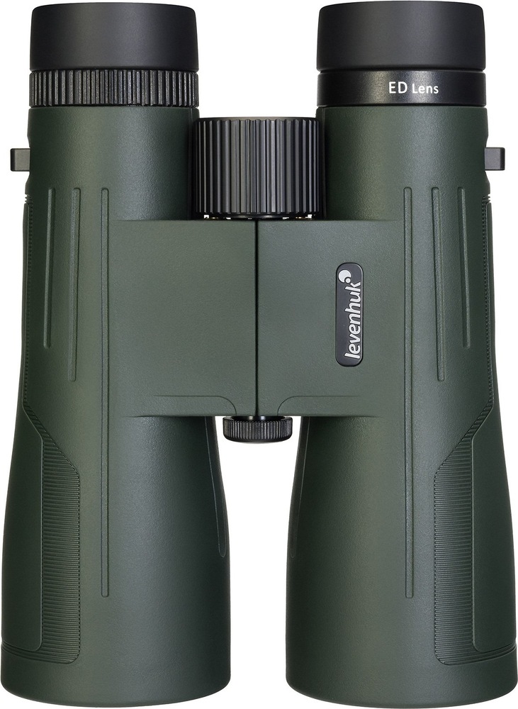Dalekohled Levenhuk New Karma PRO ED 12x50 zelený Pohled shora na dalekohled s centrálním ostřicím kolečkem a černými očnicemi