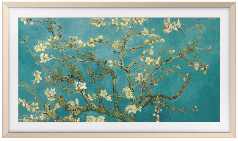 Výměnný rámeček Samsung pro Frame TV s úhlopříčkou 85" (2023), Zkosený design zlatý Televize Samsung Frame TV ve zlatém výměnném rámu se zkoseným designem, obrazovka zachycuje umělecké dílo