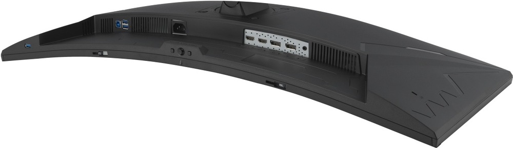 Herní monitor Asus TUF Gaming VG34WQML5A černý Na obrázku je zadní strana prohnutého herního monitoru Asus TUF Gaming VG34WQML5A. Dobře je vidět široké zakřivené tělo monitoru, černý zadní kryt s hranatými herními prvky a několik větracích mřížek. Ve středové části jsou zapuštěné konektory pro připojení obrazu a příslušenství, po stranách jsou vidět také USB porty a napájecí vstup. Snímek ukazuje praktické rozložení konektorů a zadní konstrukci monitoru.