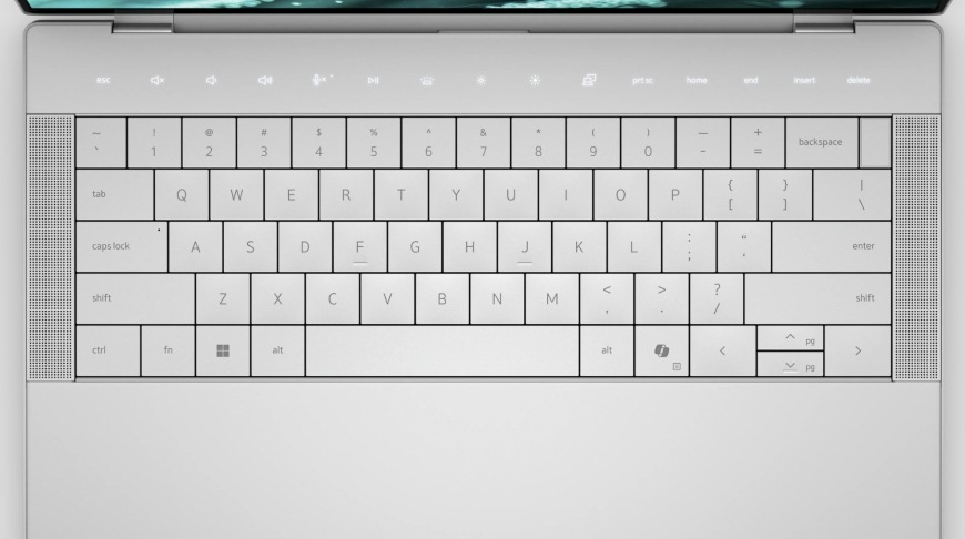 Notebook Dell 14 Premium DA14250 stříbrný Detail klávesnice s dotykovým řádkem notebooku Dell 14 Premium DA14250
