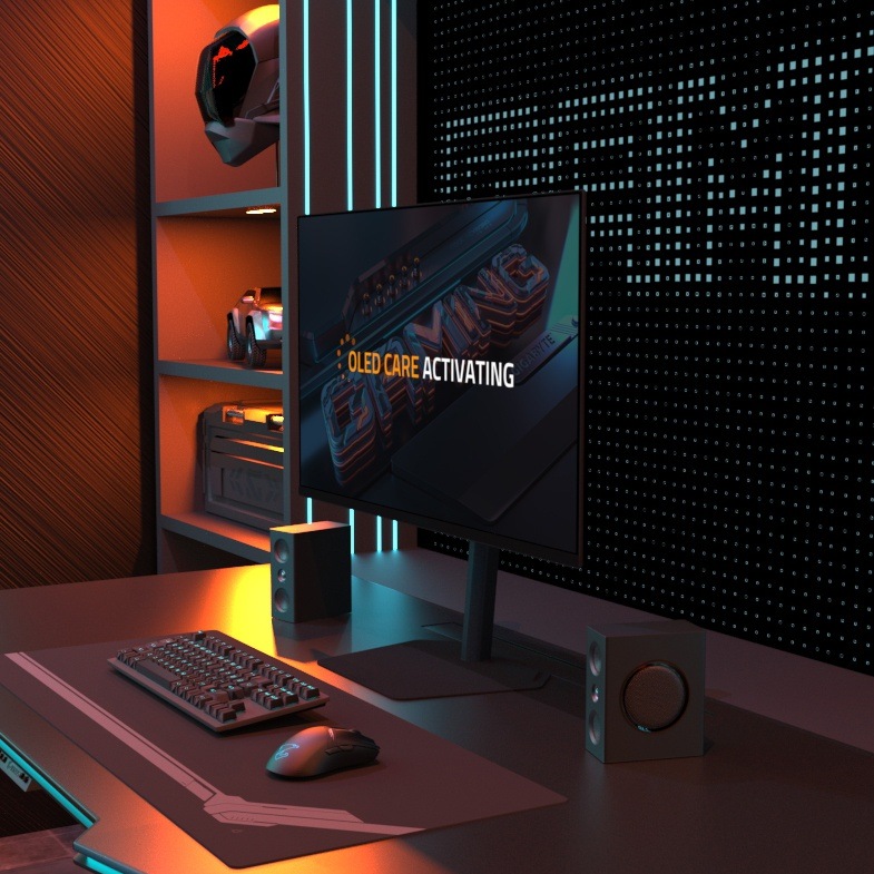 Herní monitor GIGABYTE MO27Q3 černý Futuristická herní sestava s podsvíceným monitorem zobrazujícím „OLED Care Activating“. Stůl má klávesnici, myš a reproduktory a je zasazen do tmavé místnosti s technologickou tematikou.
