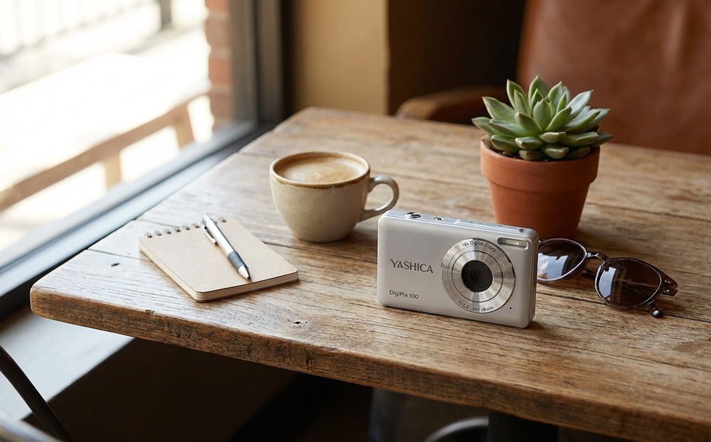 Digitální fotoaparát Yashica DigiPix 100 stříbrný Kompaktní fotoaparát Yashica DigiPix 100 položený na venkovním stolku vedle šálku kávy a zápisníku