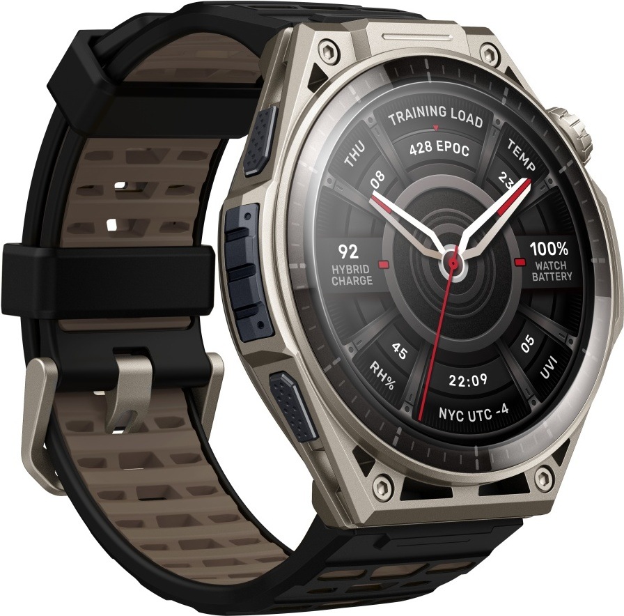 Pohled šikmo ze strany na chytré hodinky Amazfit s titanovou konstrukcí