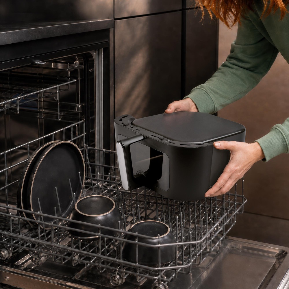 Fritéza horkovzdušná Braun MultiFry 7 HF7076BK černá Žena dává nádobu fritézy Braun Multifry 7 HF7076BK do myčky nádobí