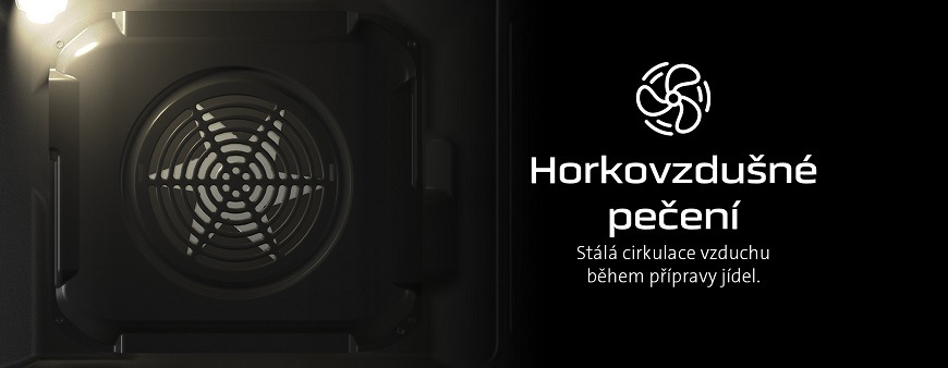 Detail na ventilátor trouby indukčního sporáku ETA I50 s textem Horkovzdušné pečení