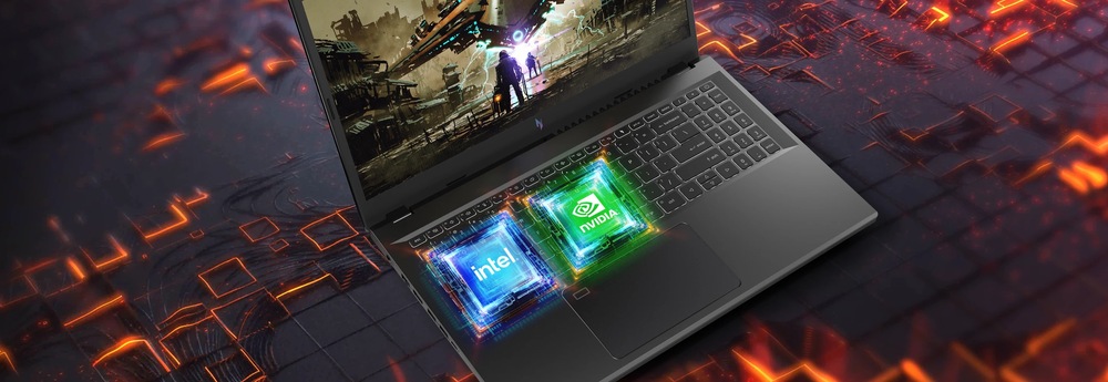 Na obrazovce notebooku se zobrazuje scéna ze sci-fi hry. V oblasti klávesnice jsou zvýrazněna loga Intel a NVIDIA, která symbolizují výkon a vysokou výkonnost.