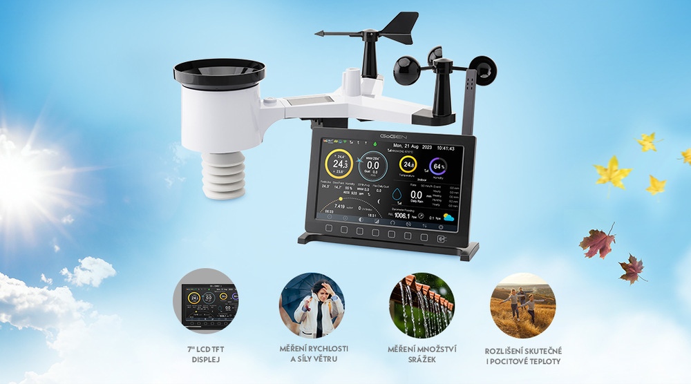 Produktový snímek meteostanice GoGEN ME 7900 umístěné na vnitřním parapetu vedle květináče. Za oknem je vidět venkovní jednotka obsahující korouhev, anemometr a dešťový sběrač pro sledování srážek, síly a směru větru