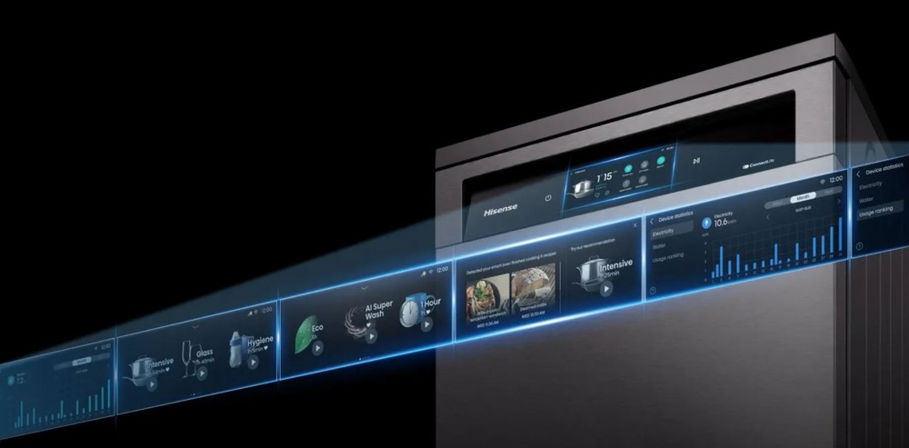 detail na barevný tft displej myčky Hisense HS693A90ADBX, panel je rozsvíceny.