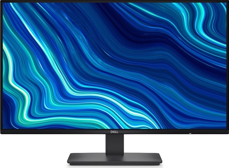 Monitor Dell zepředu v černém provedení s tenkými rámečky a jednoduchým centrálním stojanem.