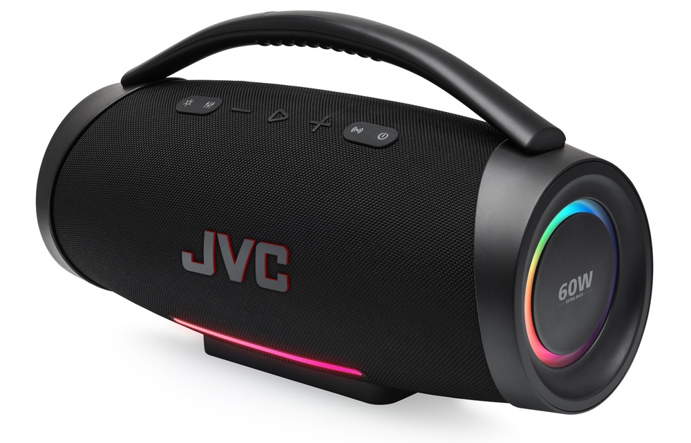 Přenosný reproduktor JVC XS-E834B černý Party reproduktor JVC XS-E834B s výkony 60W a LED efekty po stranách – pohled z úhlu
