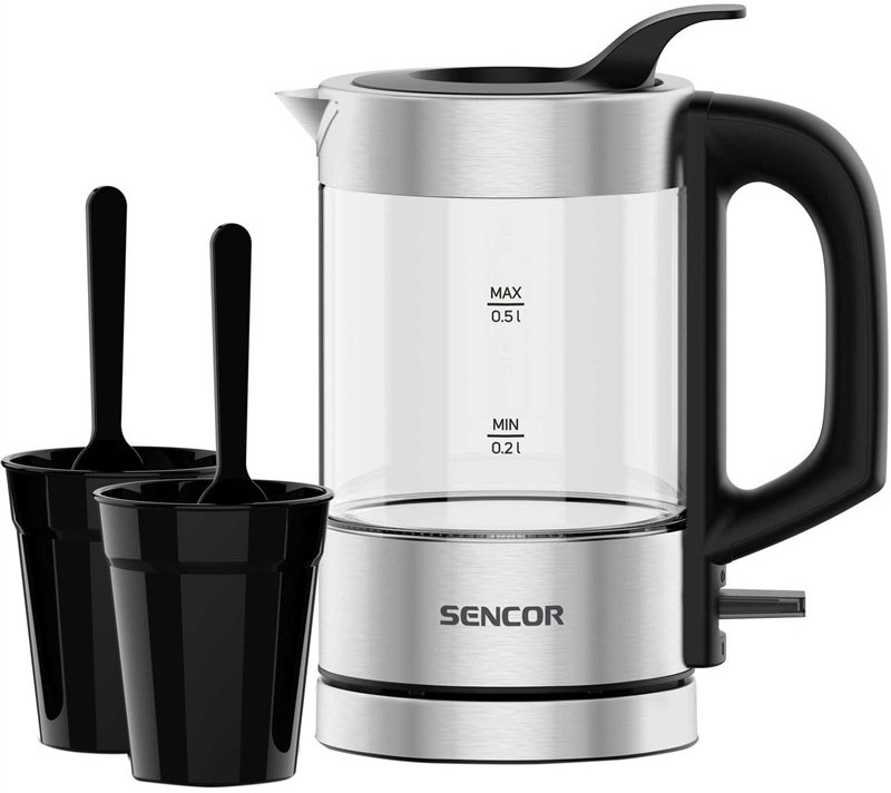 Varná konvice Sencor SWK 160SS o objemu 0,5 l se dvěma šálky a lžičkami