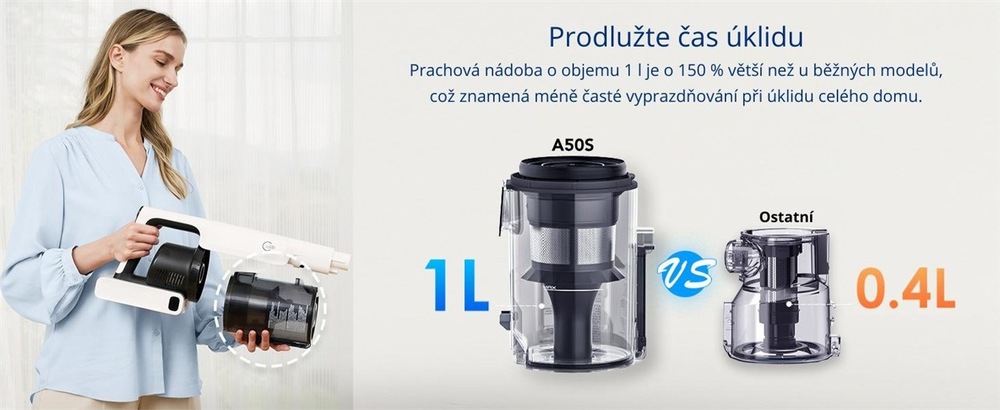 Tyčový vysavač Tineco Pure One A50S černý/bílý Srovnání prahové nádoby vysavače Tineco o objemu 1 l a ostatních vysavačů o objemu 0,4 litru.