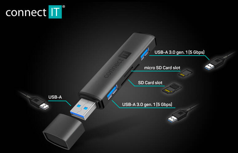 USB Hub Connect IT COMPACT 4v1 USB-A hub + čtečka karet, USB-A/ 2x USB-A 3.0, 1x SD, 1x MicroSD - antracitová
