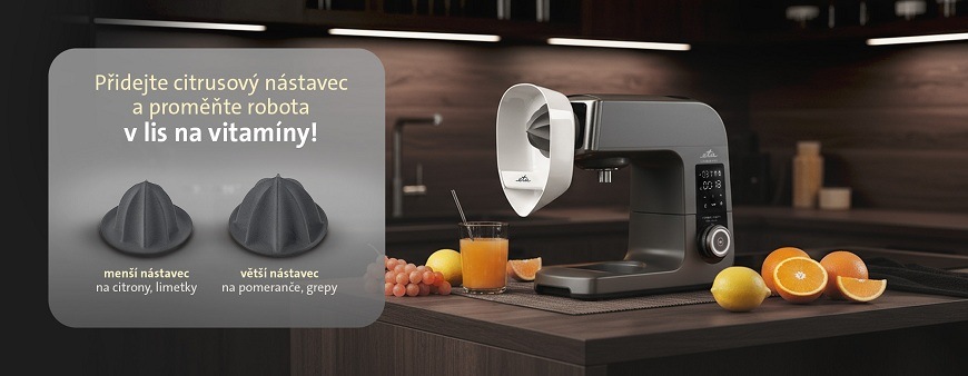 Lis na citrusy ETA 1028 98020 šedý/bílý Kuchyňský robot ETA Gratus s nasazeným citrusovačem ve tmave moderní kuchyni s pomeranči, citrony, hrozny a čerstvou šťávou ve sklenici s detailním zobrazení 2 lisovacích trnů