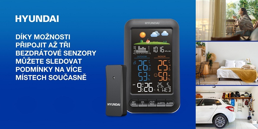 Meteorologická stanice Hyundai WS 5110 černá Meteostanice Hyundai WS 5110 s barevným displejem a bezdrátovým senzorem, zobrazující vnitřní i venkovní teplotu, vlhkost, čas a předpověď počasí, doplněná ilustračními fotografiemi použití v domácnosti, na terase a v garáži