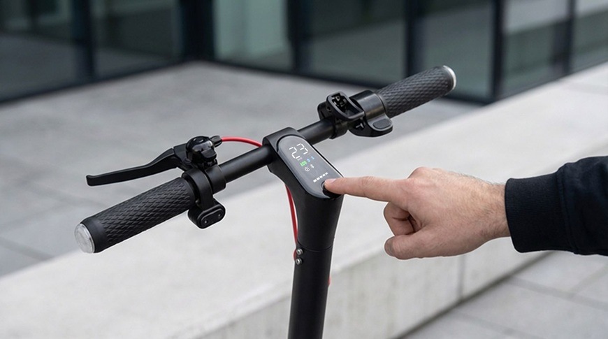Detail řídítek elektrické koloběžky Sencor SCOOTER S31 s integrovaným displejem, na který muž právě klepl prstem pro ovládání funkcí. Displej zobrazuje aktuální rychlost a další provozní údaje.