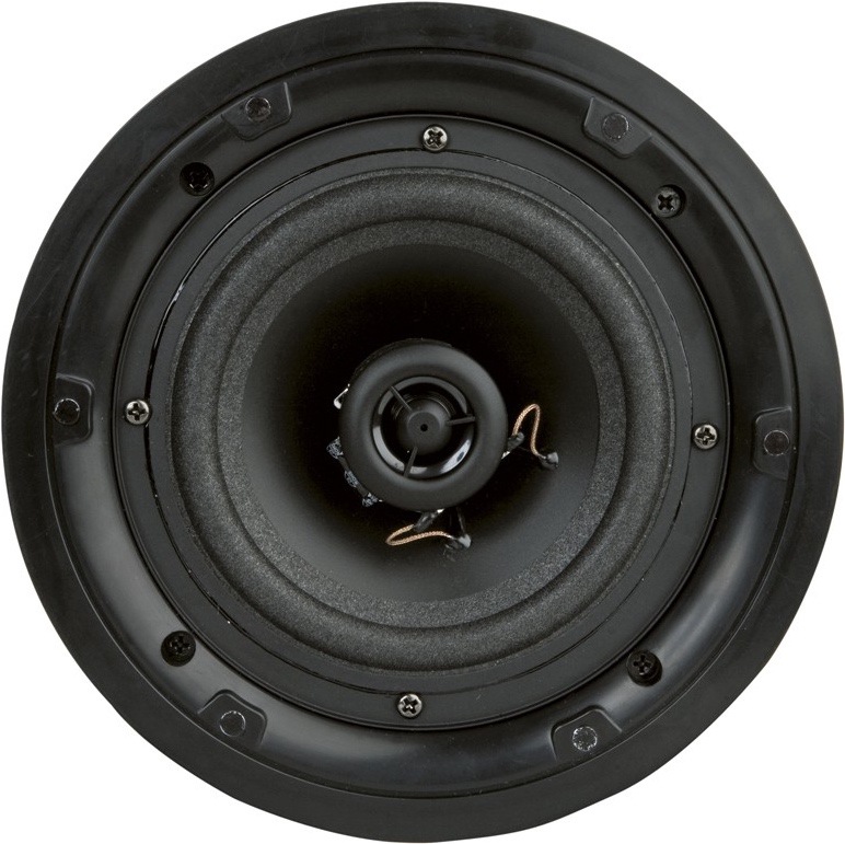 Reproduktor ArtSound FL501 (2 ks) černé/bílé Na obrázku je samotný vestavný stropní reproduktor ArtSound FL501 bez krycí mřížky. Má kulatý černý rám, větší středobasový měnič a uprostřed menší výškový měnič. Kolem jsou vidět montážní šrouby a upevňovací body pro zabudování do stropu.