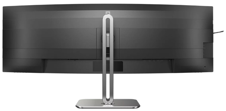 Zadní strana monitoru Philips 49B2U5900C s prohnutým panelem a stříbrným stojanem