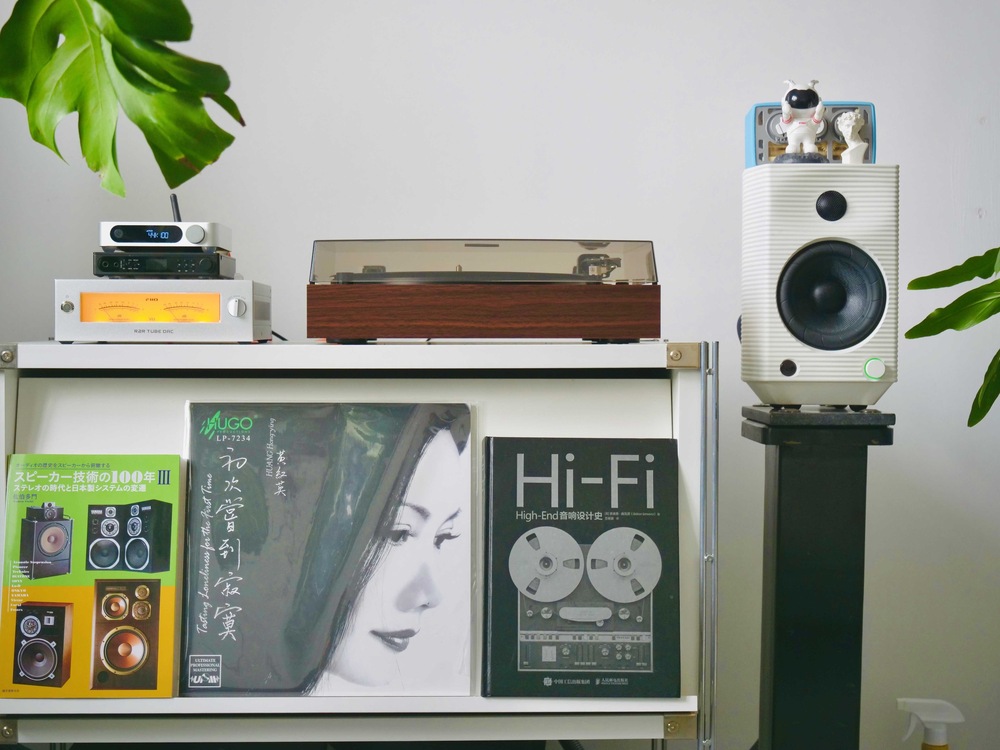 Gramofon jako součást domácí hi-fi sestavy s reproduktory a vinylovou kolekcí.