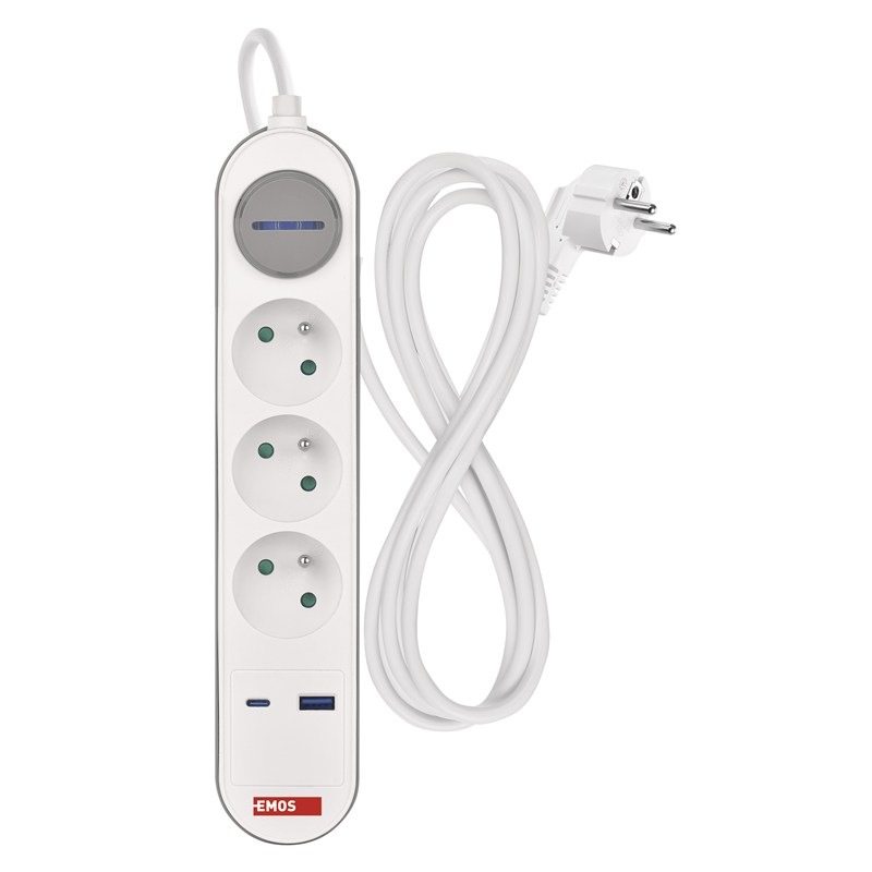 Kabel prodlužovací EMOS 3x zásuvka, Fast Charging, 1x USB, 1x USB-C, vypínač, 2 m - šedý/bílý