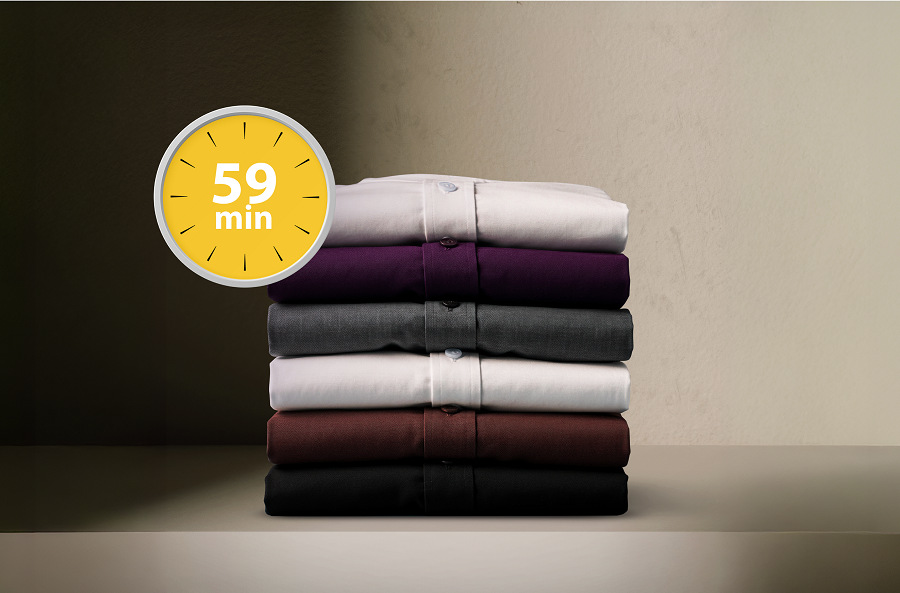 FFunkce wash and dry usuší za pouhých 59 minut, koš plný prádla a časomíra ukazující 59 minut
